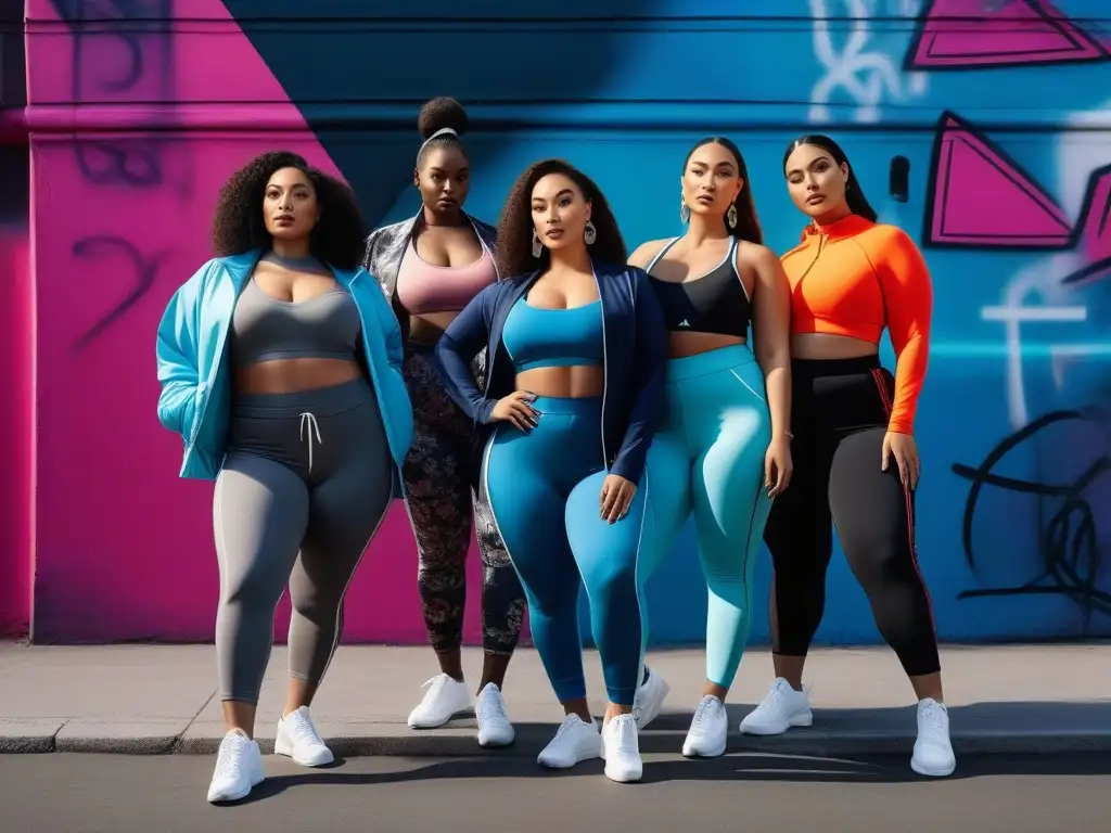 Empoderamiento: Mujeres de tallas grandes lucen activewear trendy en entorno urbano Grupo diverso de mujeres plus size modelando moda activewear inclusiva en entorno urbano colorido