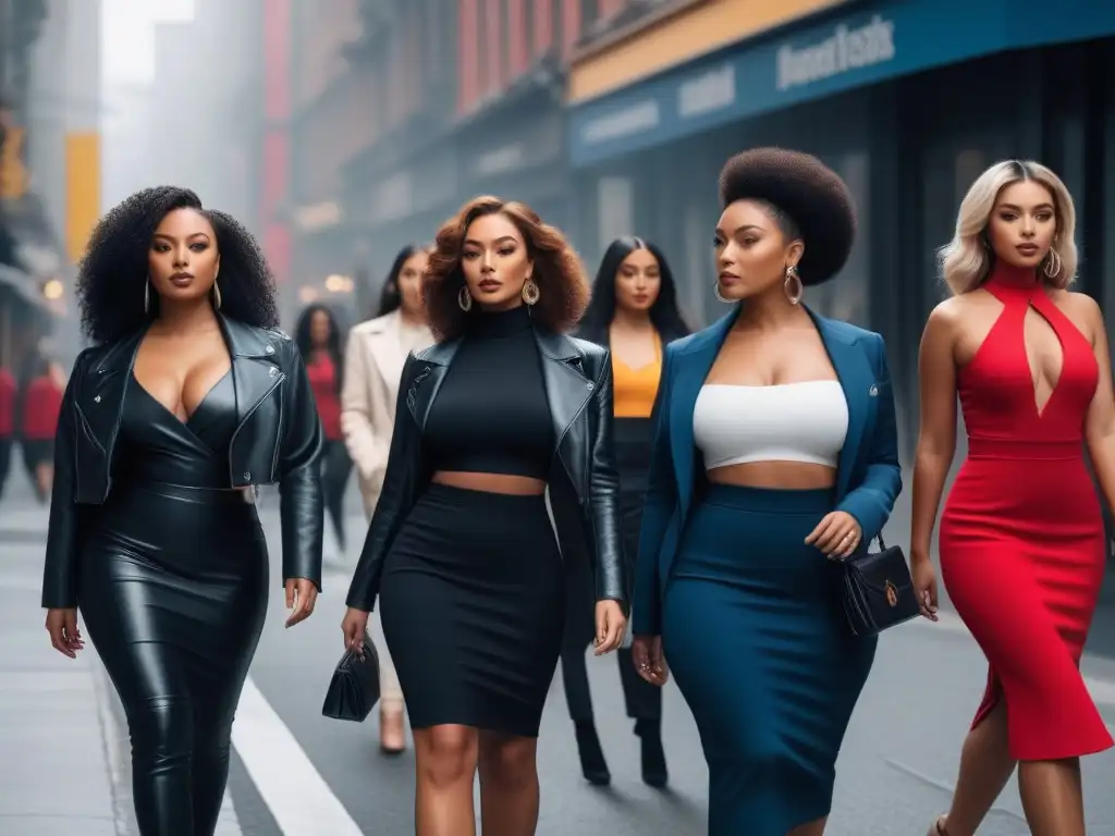 Desfile de moda urbana: Mujeres seguras rompiendo estereotipos Un grupo diverso de mujeres petite desfilando con confianza en la ciudad, luciendo moda petite diversidad corporal