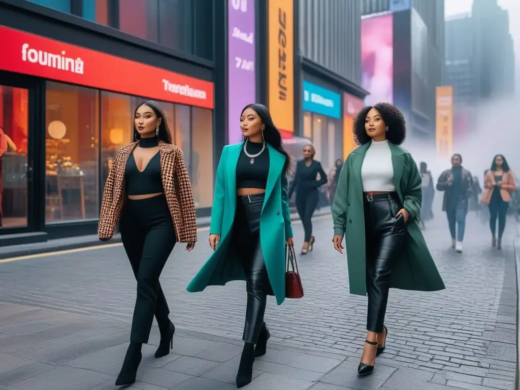 Empoderamiento: Mujeres pequeñas con estilo caminan seguras por la ciudad Un grupo diverso de mujeres petite desfilando con estilo en la ciudad, representando la moda inclusiva para mujeres petite