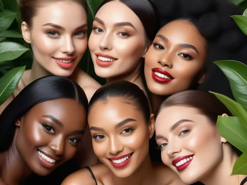 Empoderamiento vegano: mujeres diversas aplicando belleza natural Un grupo diverso de mujeres petite aplicando productos belleza veganos en un entorno natural, demostrando confianza y empoderamiento