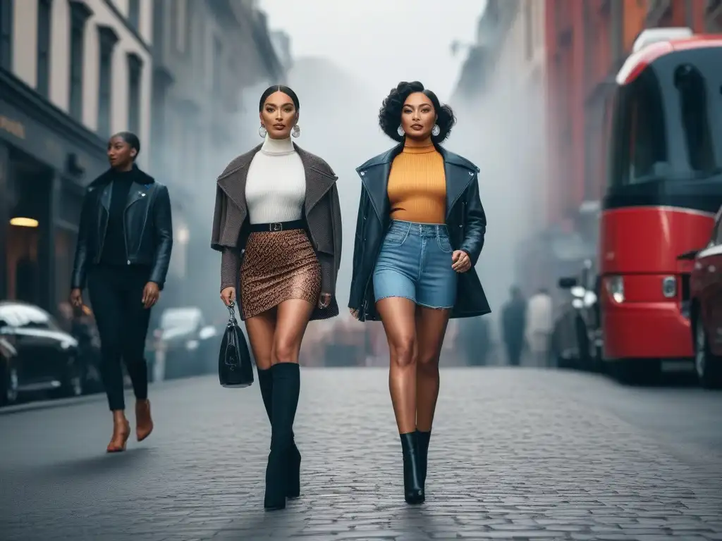 Moda petite: mujeres seguras en la ciudad Un grupo diverso de mujeres petites desfila con estilo por la ciudad, mostrando moda inclusiva para mujeres petites