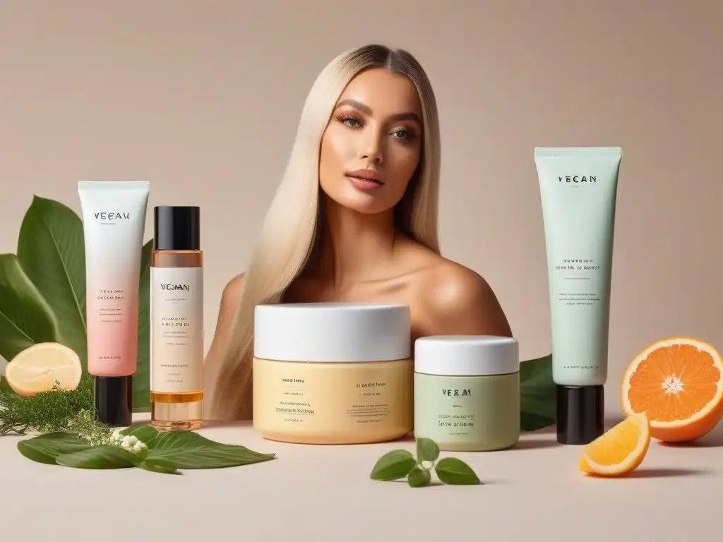 Belleza vegana para mujeres petitas: radiantes y seguras Un grupo diverso de mujeres petite con piel radiante exhibiendo productos de belleza veganos en envases modernos, en un entorno natural y elegante