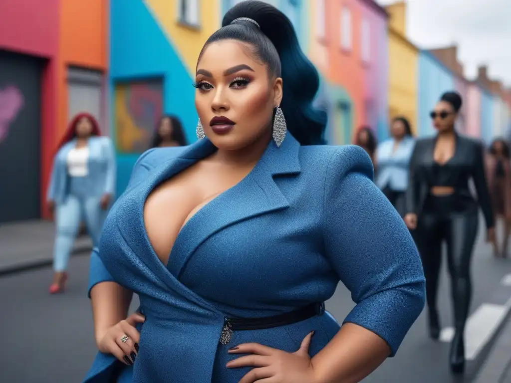 Moda plussize: mujeres seguras y diversas en la ciudad Un grupo diverso de mujeres plus seguras y empoderadas, vistiendo moda inclusiva en una colorida calle de la ciudad