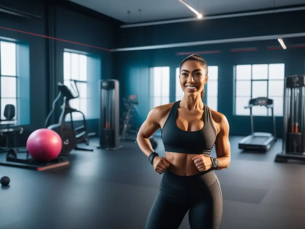 Clase postparto: mujeres diversas empoderadas en studio fitness Un grupo diverso de mujeres postparto participa con entusiasmo en un programa de entrenamiento post embarazo dirigido por una instructora Latina en un estudio luminoso y moderno
