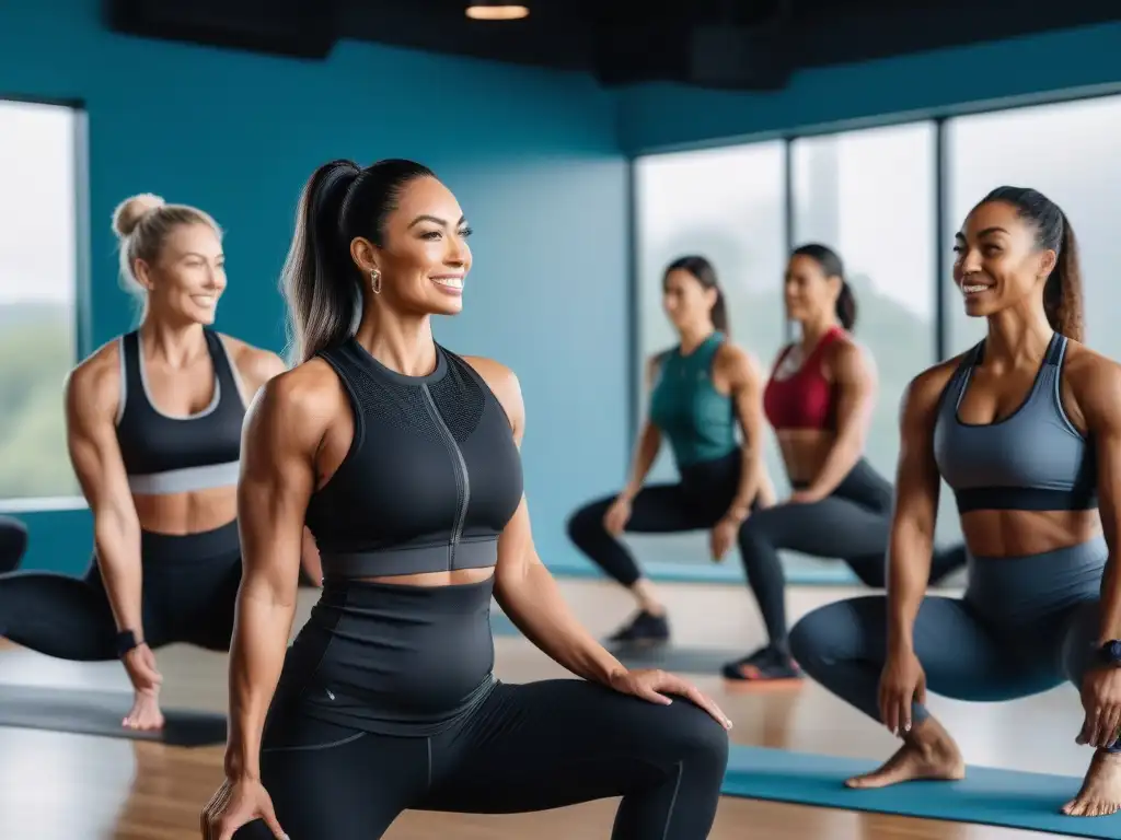 Empoderamiento postparto: Mujeres en forma entrenando juntas Un grupo diverso de mujeres postparto se ejercita juntas en un gimnasio luminoso, sonrientes y apoyándose mutuamente