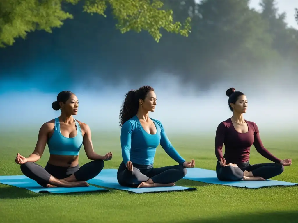 Yoga postparto: diversidad, fuerza y serenidad Un grupo diverso de mujeres postparto practica yoga en un jardín, mostrando fuerza y calma