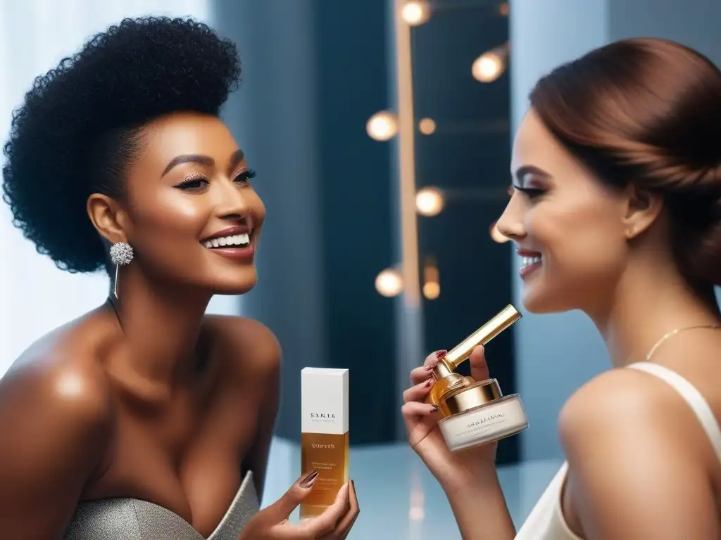 Beauty inclusiva: Mujeres diversas disfrutando de lujo Un grupo diverso de mujeres aplica productos de belleza con confianza y sonrisas radiantes, en un ambiente moderno y elegante
