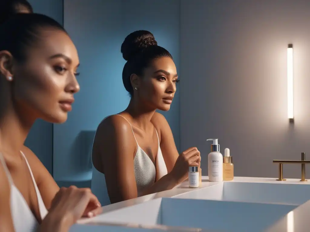Rutinas nocturnas de belleza: mujeres diversas aplicando cuidado facial Un grupo diverso de mujeres aplica productos de cuidado nocturno en un baño moderno, reflejando calma y rutinas belleza nocturnas piel diversa