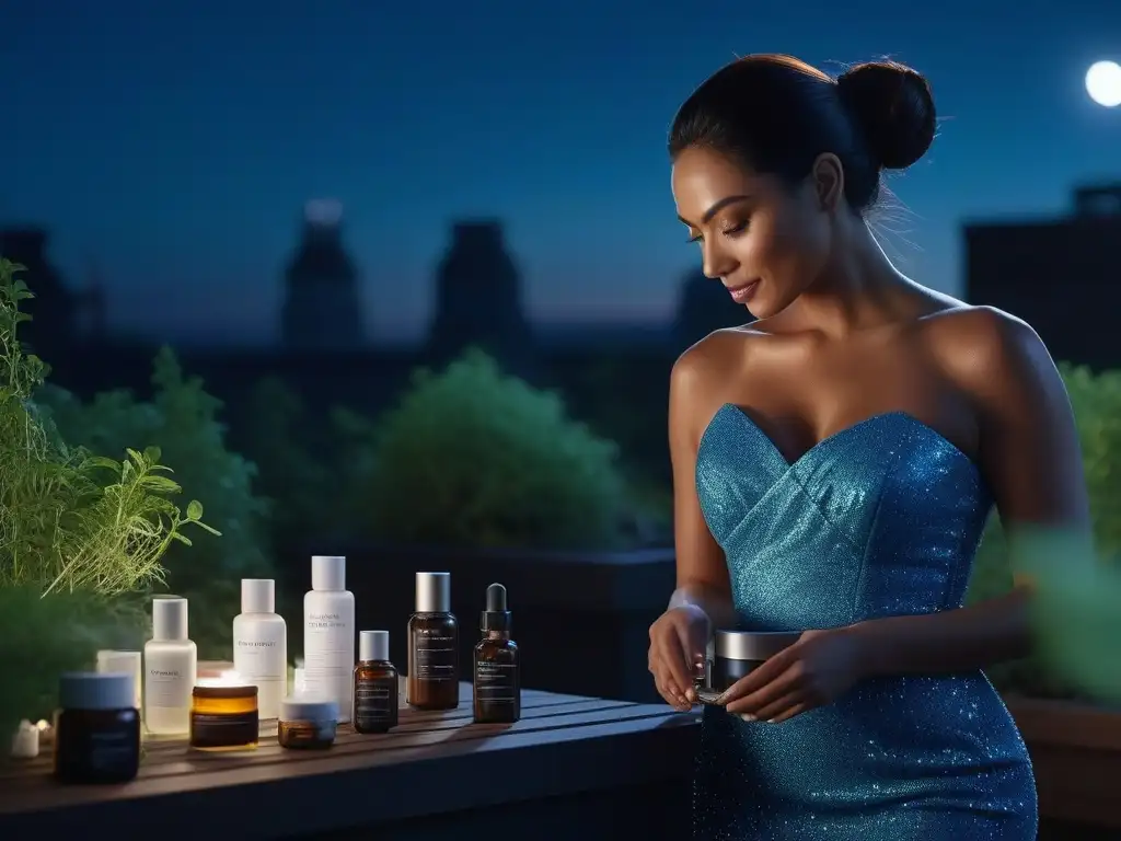 Rutina nocturna de belleza: mujeres diversas cuidando su piel Un grupo diverso de mujeres aplica productos de cuidado de la piel en un jardín nocturno, transmitiendo serenidad y empoderamiento