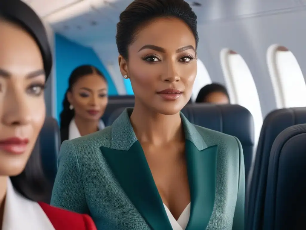 Belleza en vuelo: rutinas de cuidado de la piel en un avión de lujo Un grupo diverso de mujeres aplica productos de cuidado de la piel en un lujoso avión, combinando cuidado personal y viaje