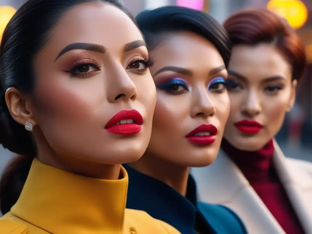 Labiales duraderos: mujeres profesionales con colores vibrantes Grupo diverso de mujeres profesionales con labiales no transfieren duración color, luciendo colores vibrantes en entorno moderno y urbano
