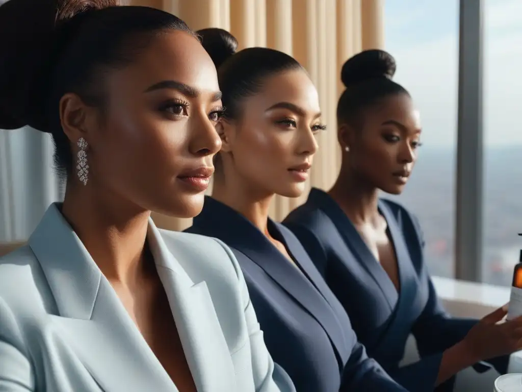 Belleza diversa: Rutinas de skincare en un hotel de lujo Un grupo diverso de mujeres en rutinas de cuidado de piel viajeras en lujoso hotel con vista a la ciudad