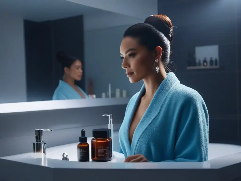 Rutina nocturna de belleza: mujeres diversas cuidando su piel en un lujoso baño Grupo diverso de mujeres aplicando rutinas belleza nocturnas piel diversa en lujoso baño moderno