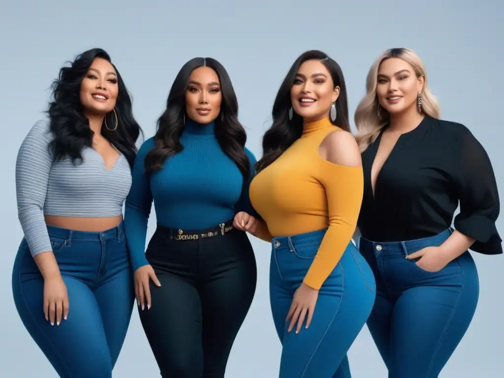 Jeans de moda: mujeres seguras y diversas lucen estilo y confianza Grupo diverso de mujeres seguras en jeans favorecedores para cada figura