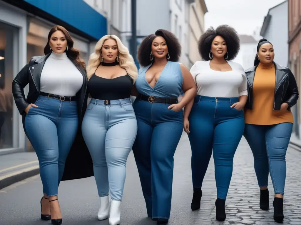 Empoderamiento y diversidad: mujeres seguras con jeans de tallas grandes Grupo diverso de mujeres seguras de sí mismas, luciendo los mejores jeans para figura plus en tonos y estilos variados, en un entorno urbano moderno