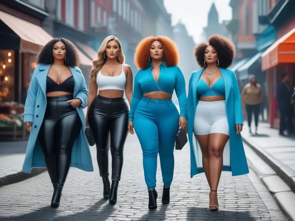 Moda inclusiva: Mujeres seguras de todas las tallas en la ciudad Grupo diverso de mujeres seguras, con moda inclusiva para todas las tallas, en una calle urbana vibrante