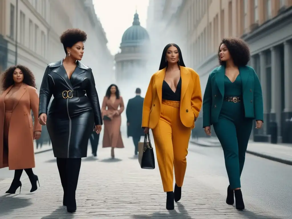 Desfile de mujeres seguras con moda Chloé en la ciudad Un grupo diverso de mujeres seguras y estilosas, caminando por la ciudad, transmitiendo moda inclusiva para todas las tallas
