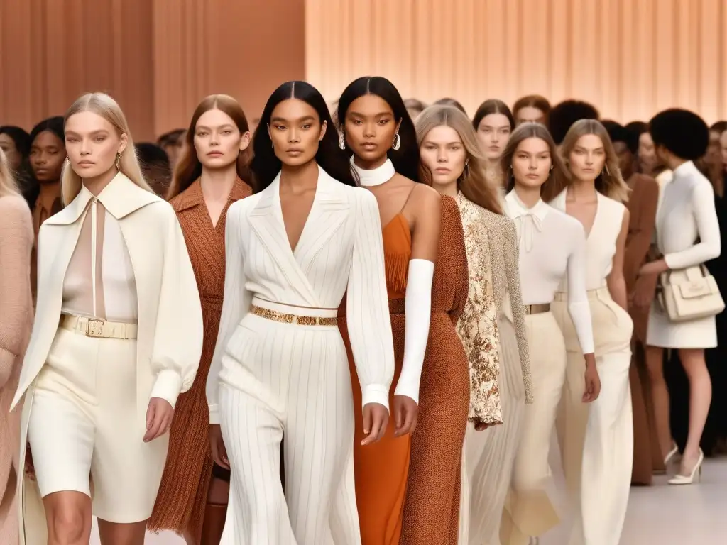 Desfile de moda inclusivo de mujeres empoderadas con estilo Chloé Grupo diverso de mujeres seguras y elegantes desfilando en una pasarela de moda inclusiva para todas las tallas