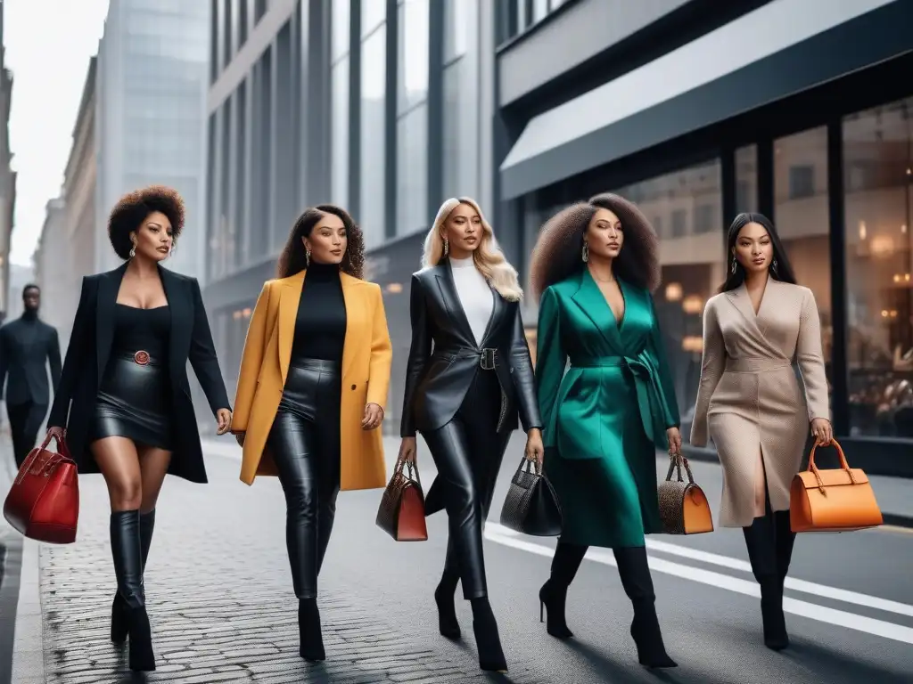 Mujeres seguras con bolsos de diseñador en la ciudad Un grupo diverso de mujeres seguras y elegantes llevando bolsos de diseñador, reflejando inclusividad y empoderamiento