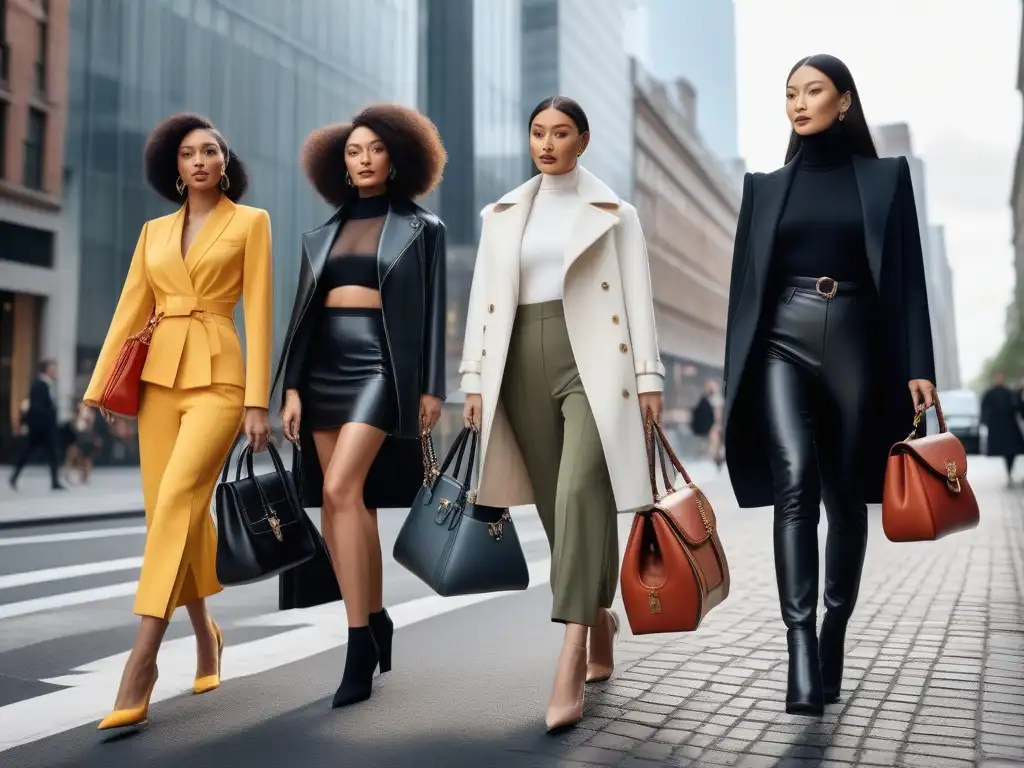 Mujeres empoderadas con bolsos de diseñador en la ciudad Un grupo diverso de mujeres seguras desfilando con bolsos de diseñador por la ciudad