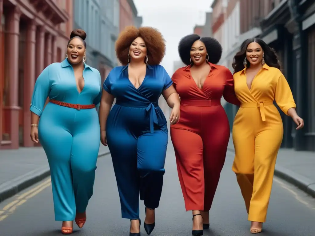 Jumpsuits de moda: empoderamiento de mujeres plussize en la ciudad Un grupo diverso de mujeres seguras de sí mismas y de talla grande, luciendo jumpsuits de moda en una ciudad vibrante
