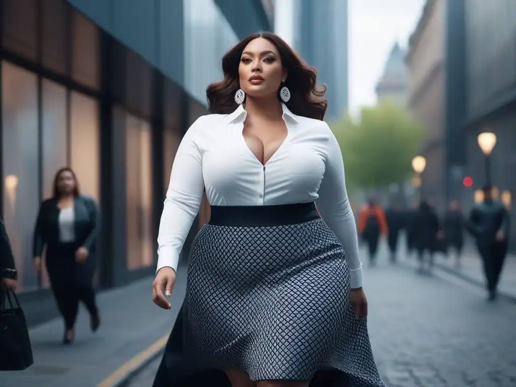 Desfile de moda: mujeres plus size seguras y elegantes en la ciudad Un grupo diverso de mujeres plus size, seguras y elegantes, caminan por la ciudad luciendo faldas plus size para todos