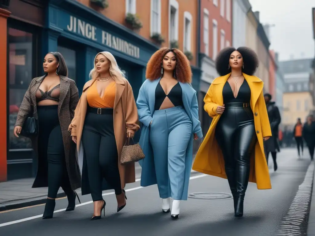 Moda inclusiva: mujeres seguras y elegantes en la ciudad Un grupo diverso de mujeres seguras y elegantes, caminando por la ciudad con moda inclusiva para todas las tallas