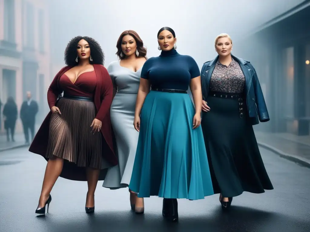 Moda plussize: Mujeres seguras en faldas que realzan su figura Un grupo diverso de mujeres seguras de sí mismas con faldas plus size para todos, mostrando la belleza y versatilidad de la moda inclusiva