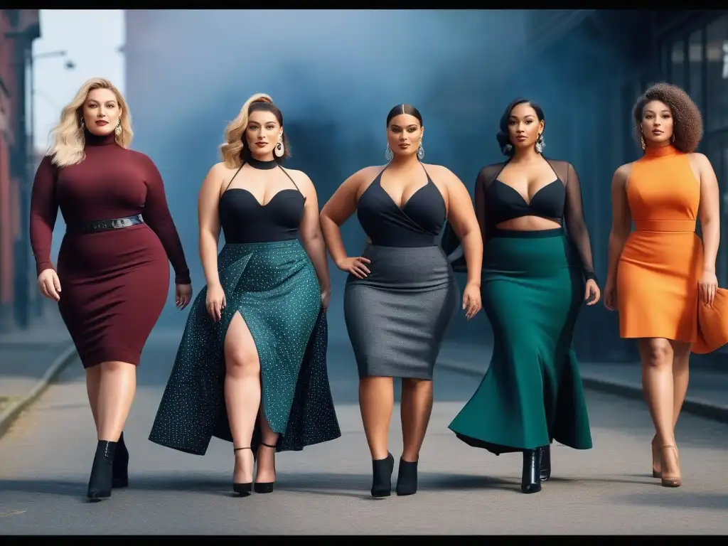 Empoderamiento en moda: Plussize women lucen elegantes faldas en la ciudad Grupo diverso de mujeres seguras, luciendo faldas plus size en la ciudad, celebrando la inclusividad y la moda