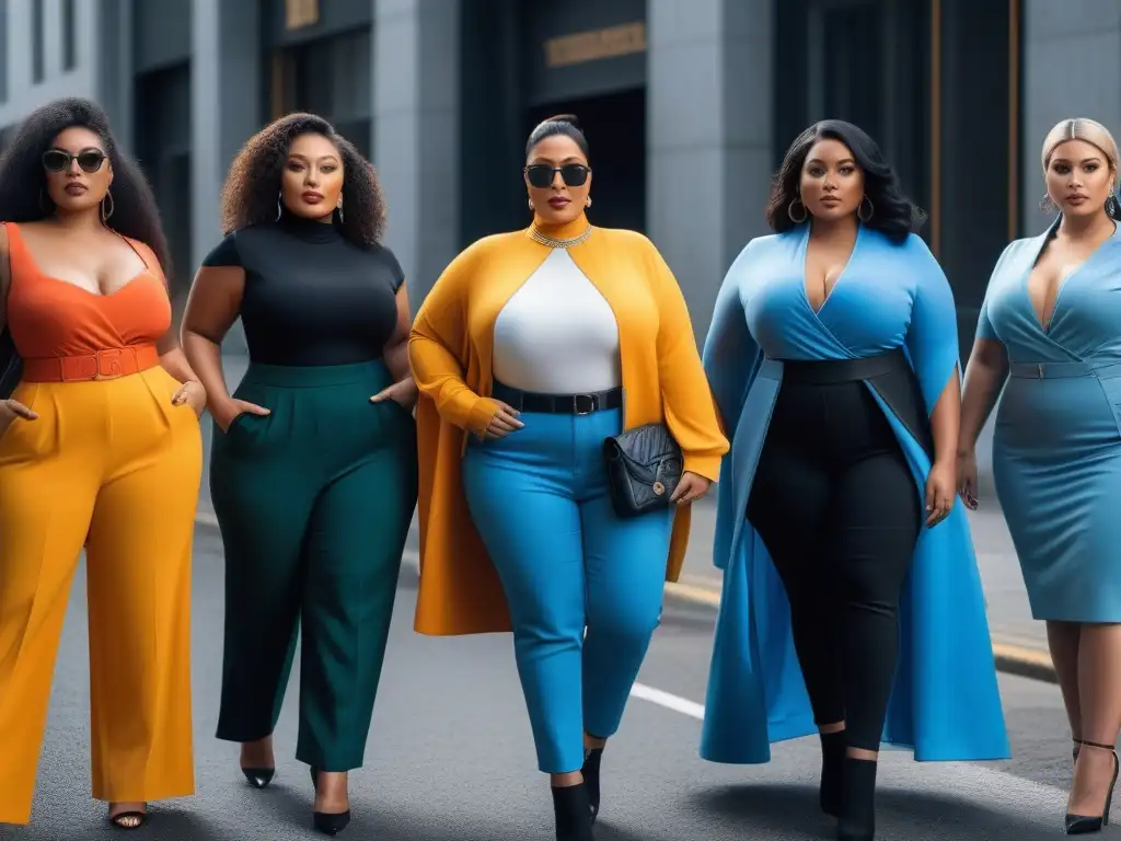 Moda y empoderamiento: mujeres plus size lucen camisetas y blusas trendy Un grupo diverso de mujeres plus size seguras, luciendo prendas básicas plus size armario en un entorno urbano moderno y elegante