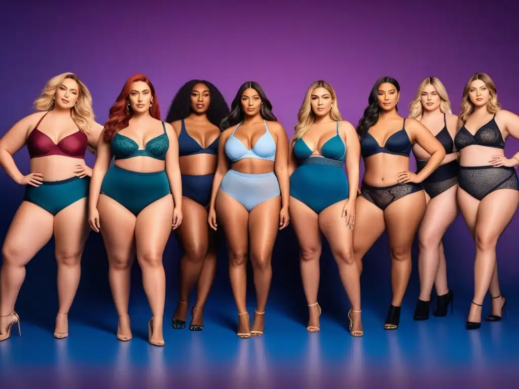 Moda íntima: Mujeres curvy seguras luciendo elegante lencería Un grupo diverso de mujeres plus size seguras luciendo prendas básicas plus size para el armario, en un ambiente chic y moderno