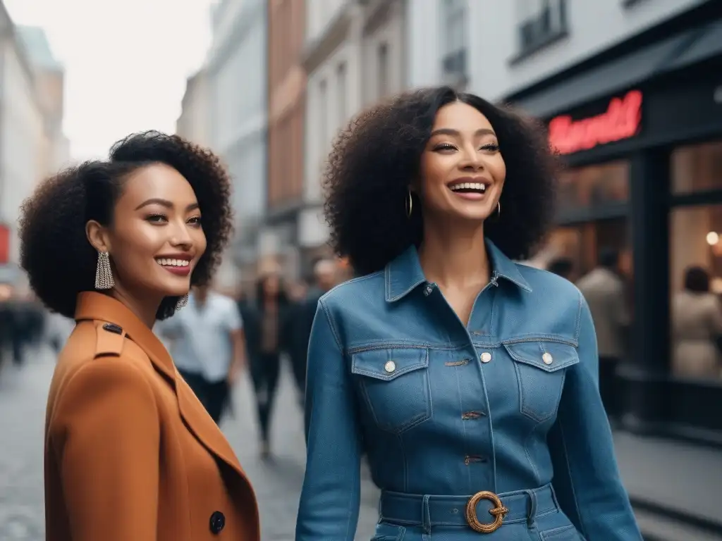 Revolución de la moda petite: Mujeres empoderadas y diversas en la ciudad Un grupo diverso de mujeres petite caminan seguras y alegres por la ciudad, luciendo moda inclusiva de marcas trendy