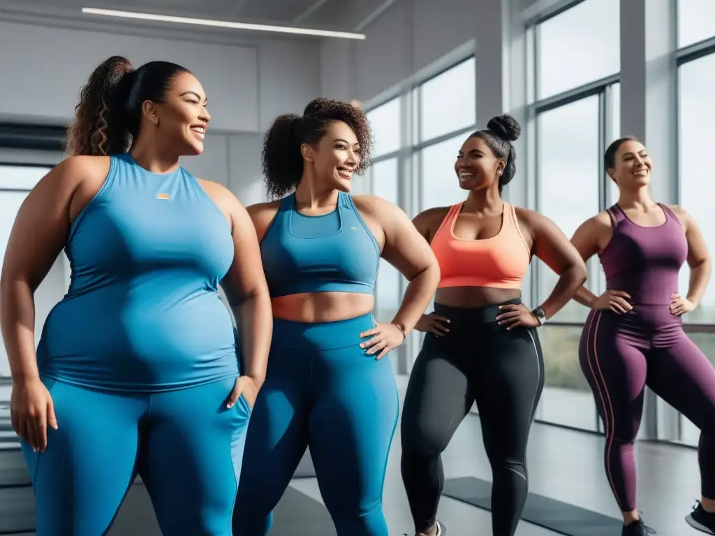 Empoderamiento en el gym: mujeres plussize activas y felices Un grupo diverso de mujeres seguras de talla grande, con diferentes etnias y formas, usando ropa deportiva plus size inclusiva, riendo y ejercitándose juntas en un gimnasio luminoso y espacioso