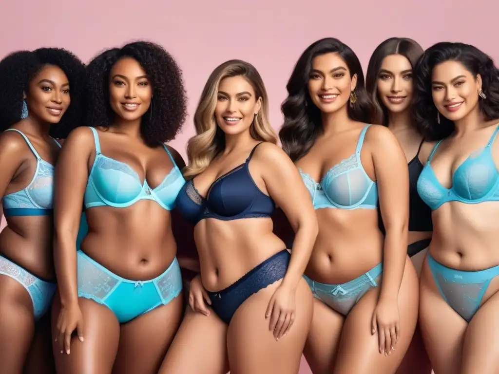 Estilo y confianza: Lencería moderna para mujeres altas Un grupo diverso de mujeres seguras y sonrientes, luciendo ropa interior cómoda y elegante en tonos variados