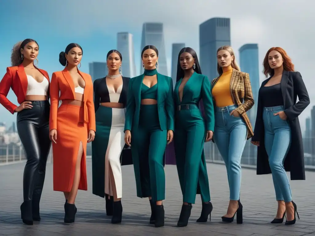 Mujeres empoderadas en moda ética, diversidad y unidad Un grupo diverso de mujeres seguras y empoderadas en moda ética para tallas específicas, unidas en un entorno urbano moderno