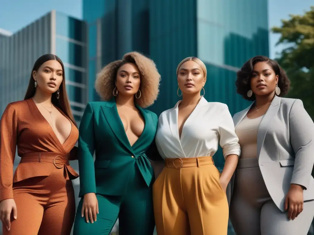 Mujeres seguras y diversas en moda sostenible en la ciudad Un grupo diverso de mujeres seguras y empoderadas, con diferentes tallas y estilos, visten moda ética en la ciudad