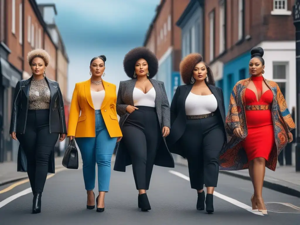 Empoderamiento y diversidad: mujeres seguras y estilosas en la ciudad Un grupo diverso de mujeres seguras y con estilo caminan por la ciudad luciendo moda ética para tallas específicas