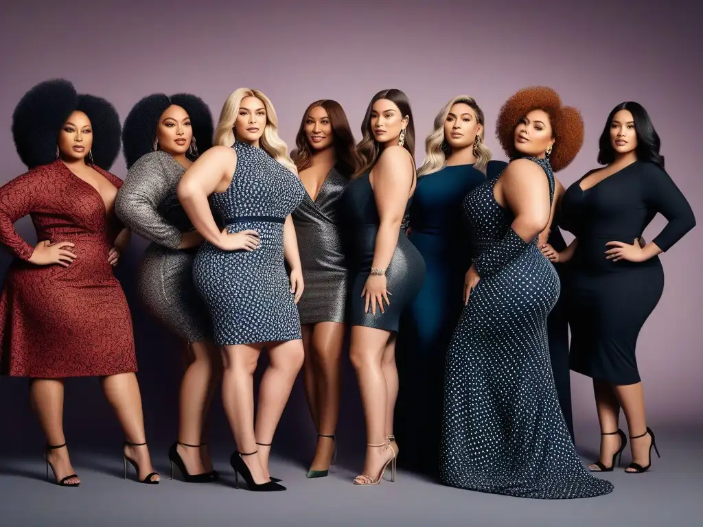 Moda plussize: empoderamiento y diversidad en boutique elegante Un grupo diverso de mujeres plus size seguras y elegantes, luciendo el vestido plus size perfecto en una boutique moderna y chic