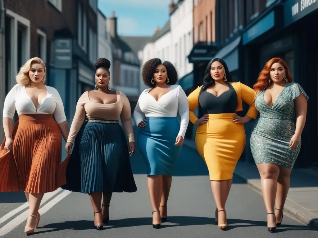 Mujeres empoderadas luciendo moda plus size en la ciudad Un grupo diverso de mujeres seguras con faldas plus size para cuerpo, en un entorno urbano elegante