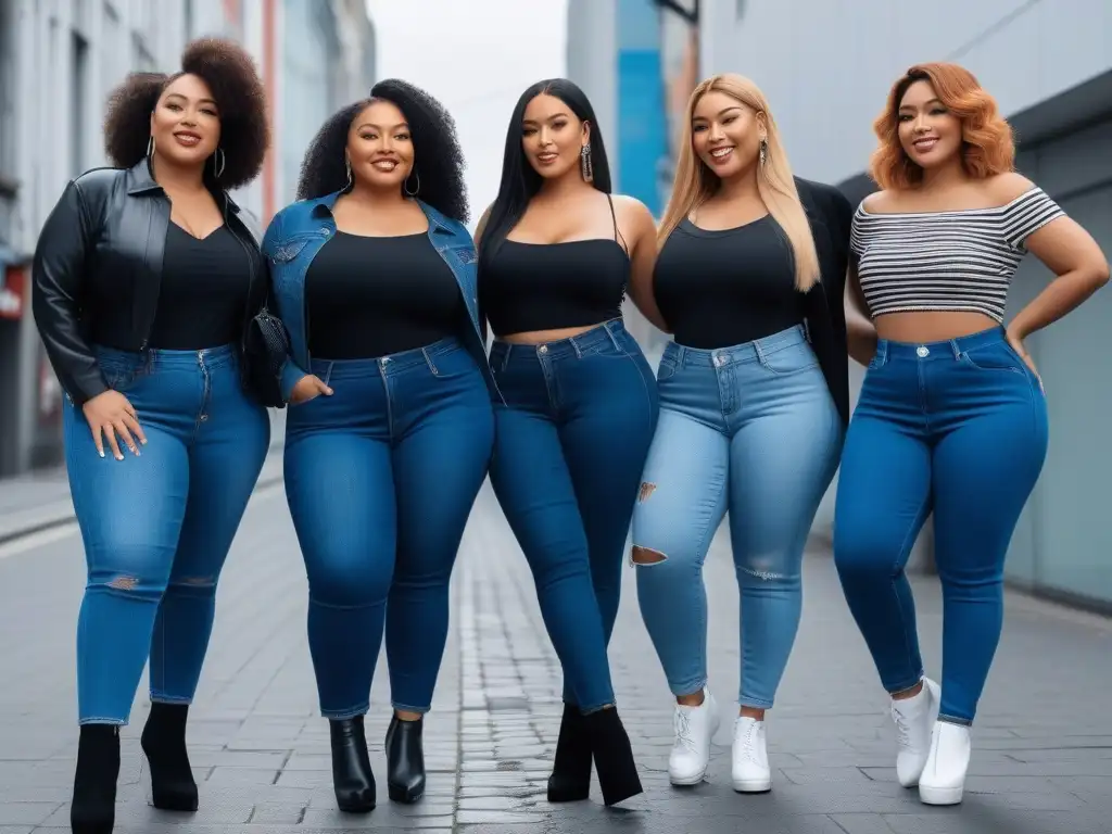 Grupo diverso de mujeres seguras en jeans plus size, empoderadas y estilosas Un grupo diverso de mujeres plus size seguras y estilosas, luciendo los mejores jeans plus size ajustados en un escenario urbano moderno