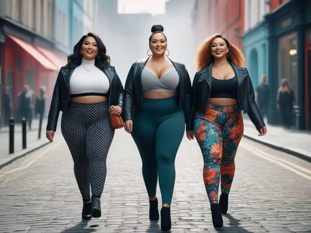 Plussize fashion: mujeres seguras en leggins trendy pasean por la ciudad Grupo diverso de mujeres plus size, seguras y felices, luciendo Leggings plus size cómodos estilosos en la ciudad