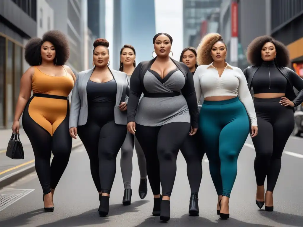 Leggings de tallas grandes: empoderamiento y estilo urbano Un grupo diverso de mujeres seguras y elegantes, con Leggings plus size cómodos estilosos, caminan empoderadas por la ciudad