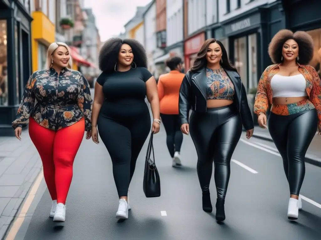 Leggings de moda: Mujeres plussize empoderadas en la ciudad Un grupo diverso de mujeres seguras de sí mismas de tallas grandes y diferentes etnias, luciendo leggings cómodos y estilosos en colores y patrones vibrantes, caminando con confianza por una concurrida calle de la ciudad