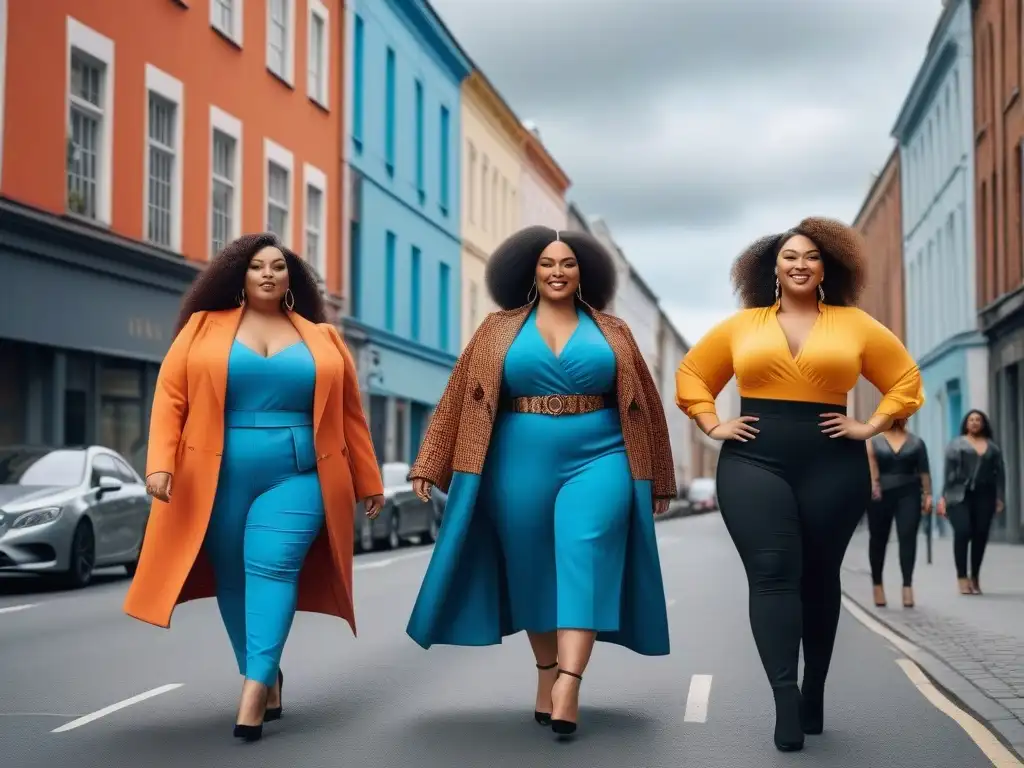 Un grupo diverso de mujeres seguras de sí mismas y con tallas grandes caminan con estilo por la ciudad, reflejando la moda plus size inclusiva en la sociedad