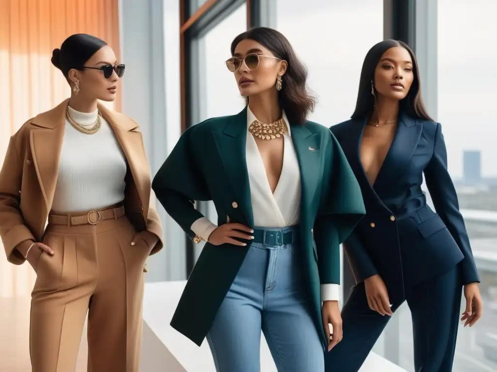 Empoderadas: Petite fashionistas en acción Un grupo diverso de mujeres petite seguras y elegantes discuten moda y empoderamiento en un entorno chic y moderno