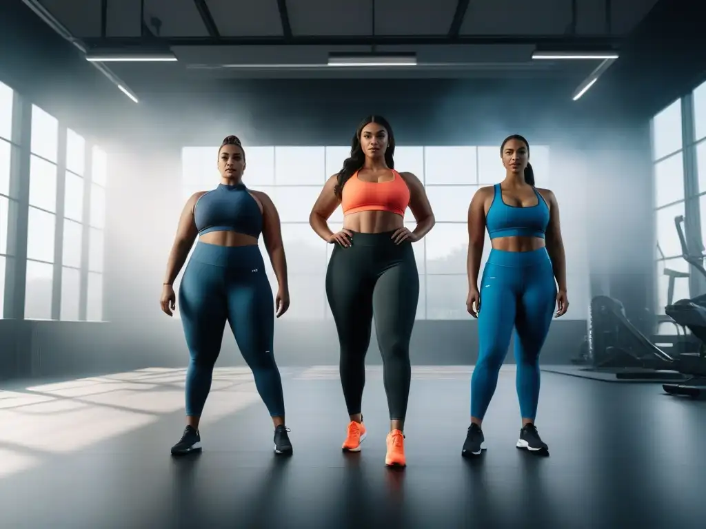 Mujeres plussize empoderadas en el gym: diversidad, fuerza y estilo Grupo diverso de mujeres plus size seguras en moderno gimnasio, practicando yoga, running y pesas con moda activewear plus size inclusiva