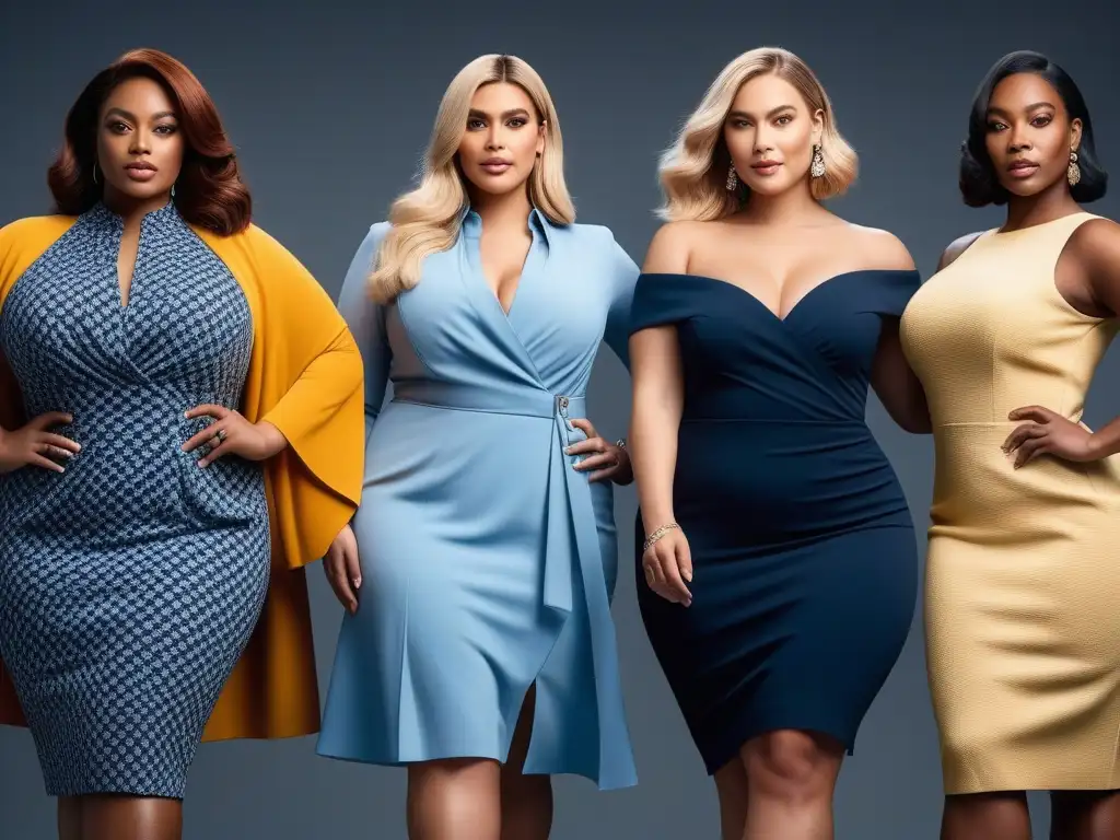 Moda plus size: mujeres seguras y estilosas en diversas ocasiones Grupo diverso de mujeres seguras de sí mismas luciendo vestidos elegantes y versátiles para diferentes ocasiones
