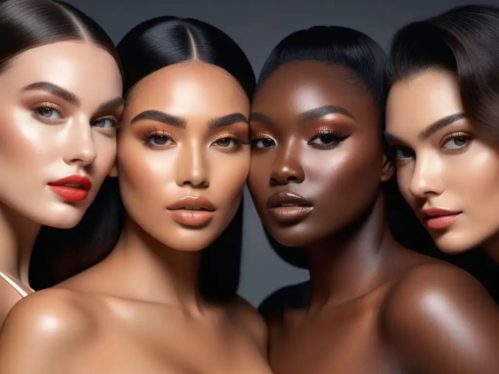Empoderamiento y belleza: diversidad en la autenticidad Grupo diverso de mujeres seguras, empoderadas y radiantes, con productos de belleza de lujo