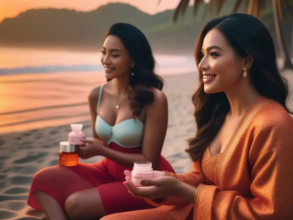 Rutina de cuidado facial en la playa al atardecer Un grupo diverso de mujeres sonrientes aplicando productos de cuidado de piel en la playa al atardecer