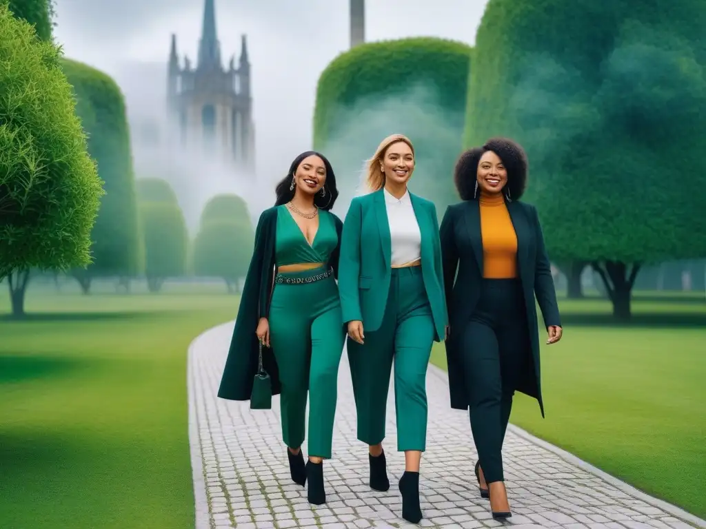 Mujeres diversas en parque verde luciendo moda sostenible Grupo diverso de mujeres sonrientes, luciendo moda inclusiva para todas las tallas, paseando en un parque verde con arquitectura moderna de fondo
